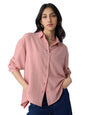 The Souled Store Textured Shirt: Rose Pink Women and Girls Long Sleeves Collared Neck Button Front Viscose Blend Boyfriend Shirt