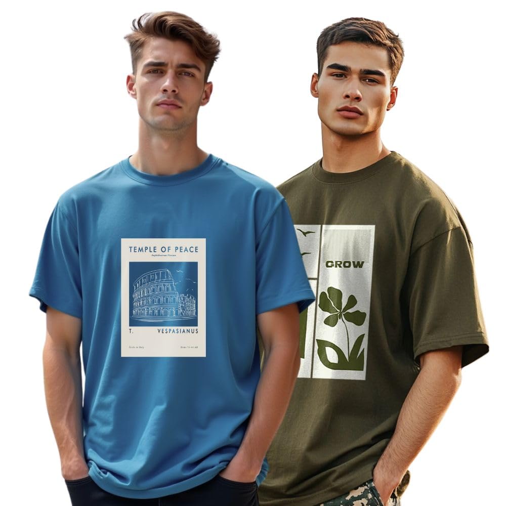 Nobero MenS Graphic Print Oversized Fit T-Shirt (1M-Twts-C0933-X_Marine / Olive Green