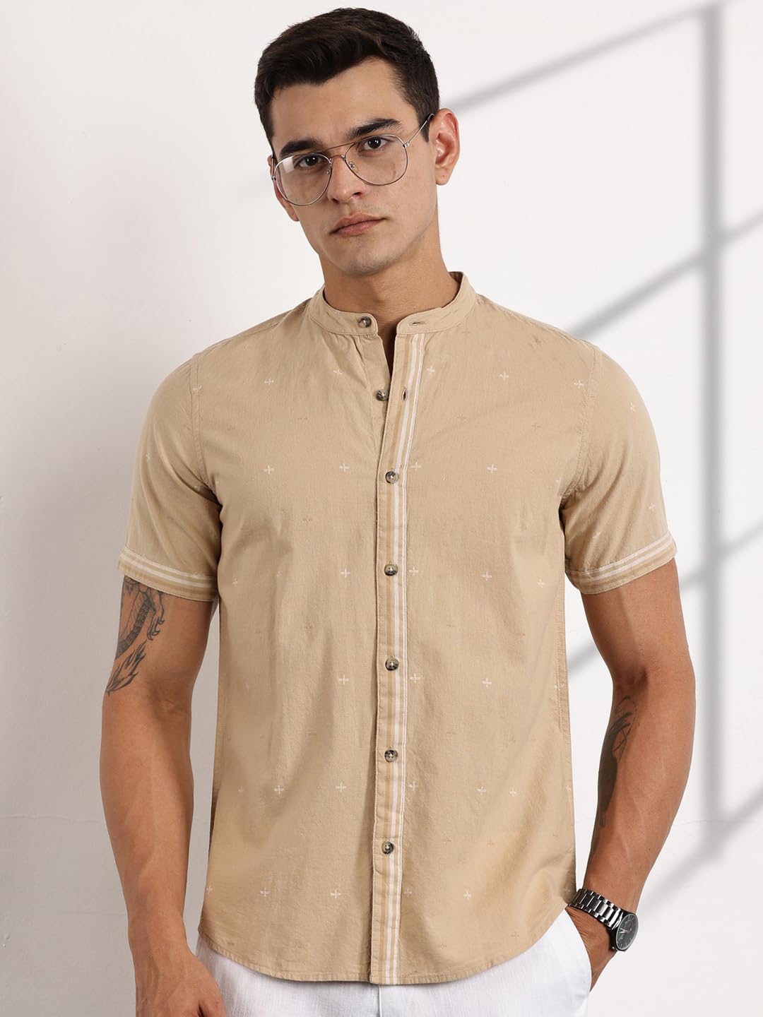 Thomas Scott Half Sleeve Self Printed Mandarin Collar Casual Shirts for Men Beige