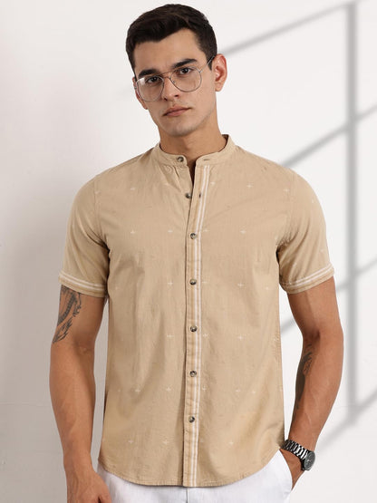 Thomas Scott Half Sleeve Self Printed Mandarin Collar Casual Shirts for Men Beige