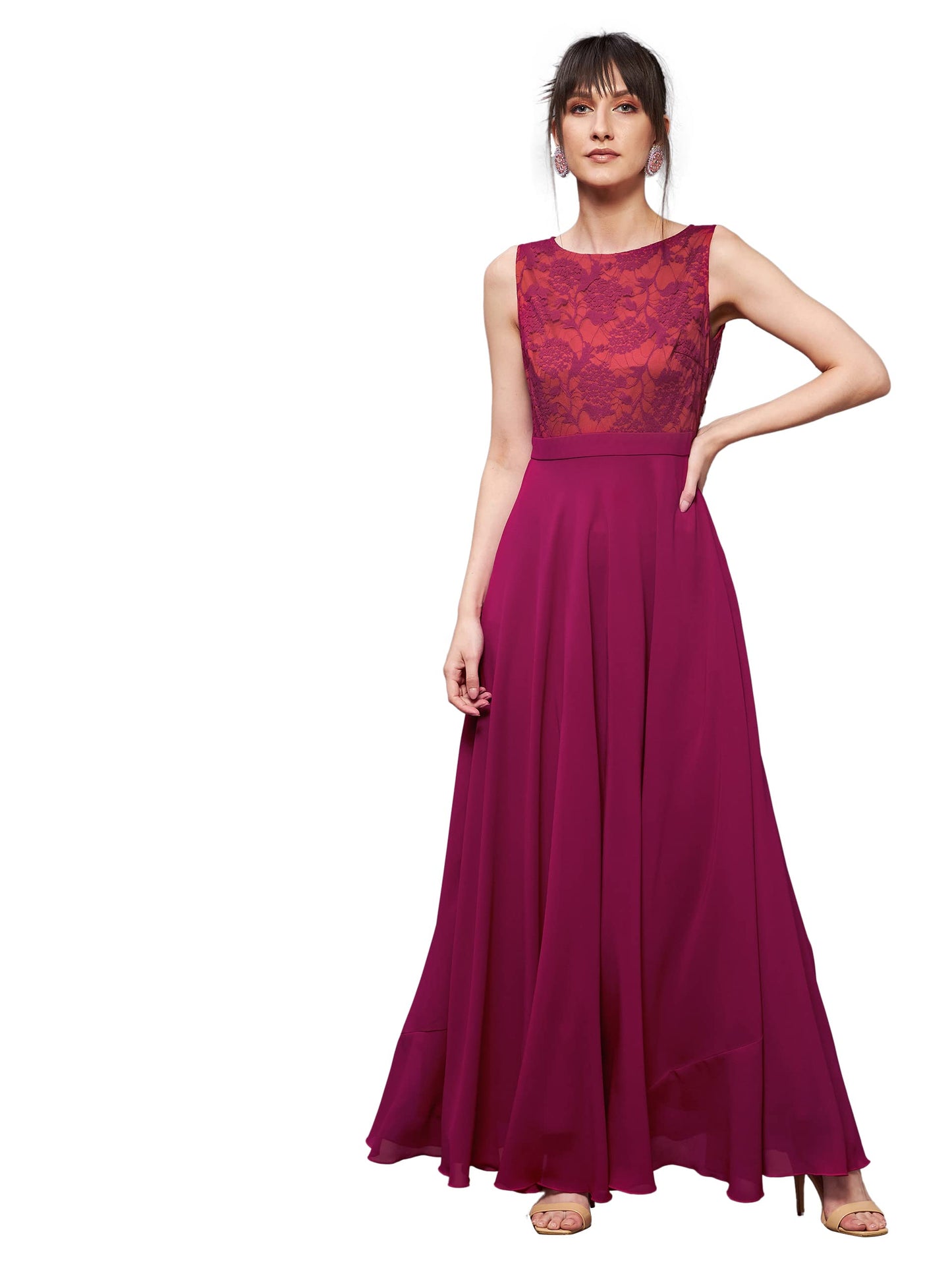 Miss Chase WomenS Round Neck Sleeveless Georgette Floral Lace Fit & Flare Maxi Dress Dark Pink