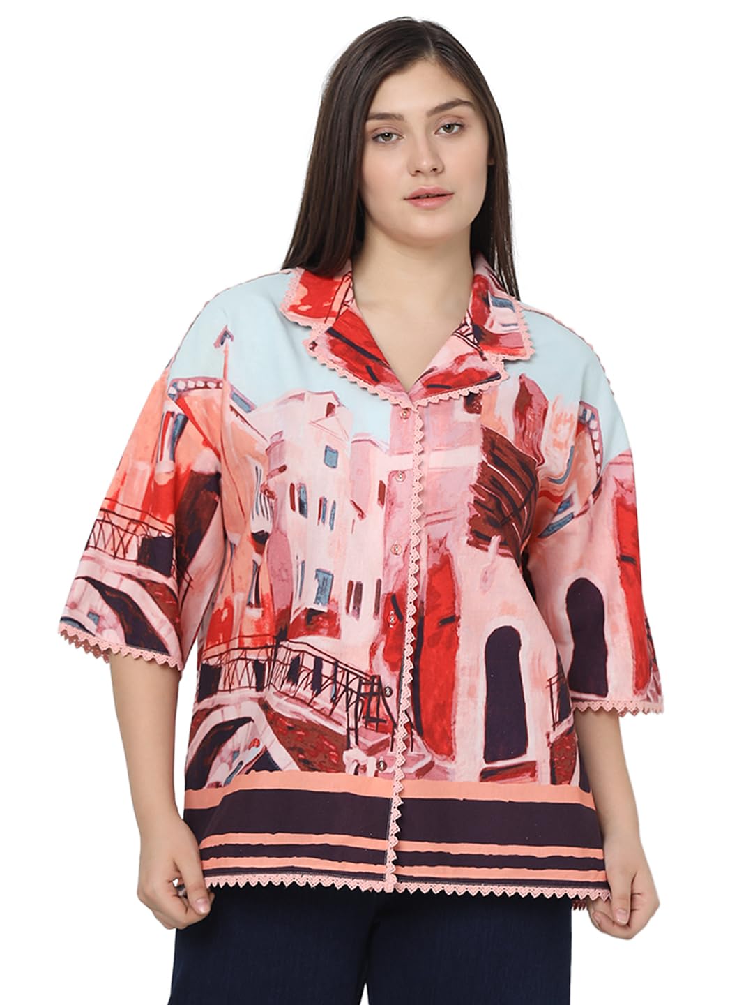 Vero Moda Curve Women Graphic Print Pink Cotton Relaxed Fit Shirt