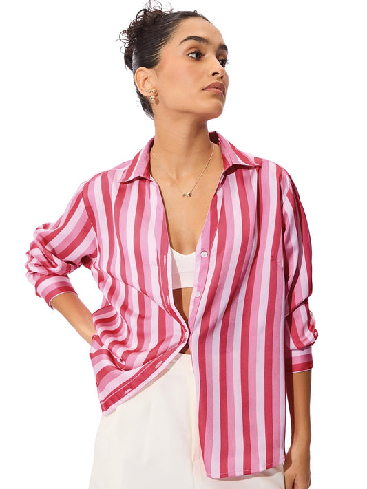 The Souled Store Satin Shirt : Rosebud Stripes Women & Girls Long Sleeve Collared Neck Button Down Regular Fit Cotton Shirts