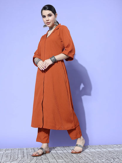 Varanga Women Rust Shirt Collar Neck A-Line Kurta Paired With Tonal Bottom  Elegant & Comfortable Ethnic Wear For Women