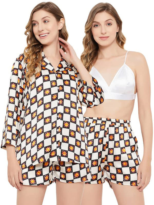 Clovia Womens Satin Emoji Print 3 Piece Nightwear Set (LS0666A18_White_M)