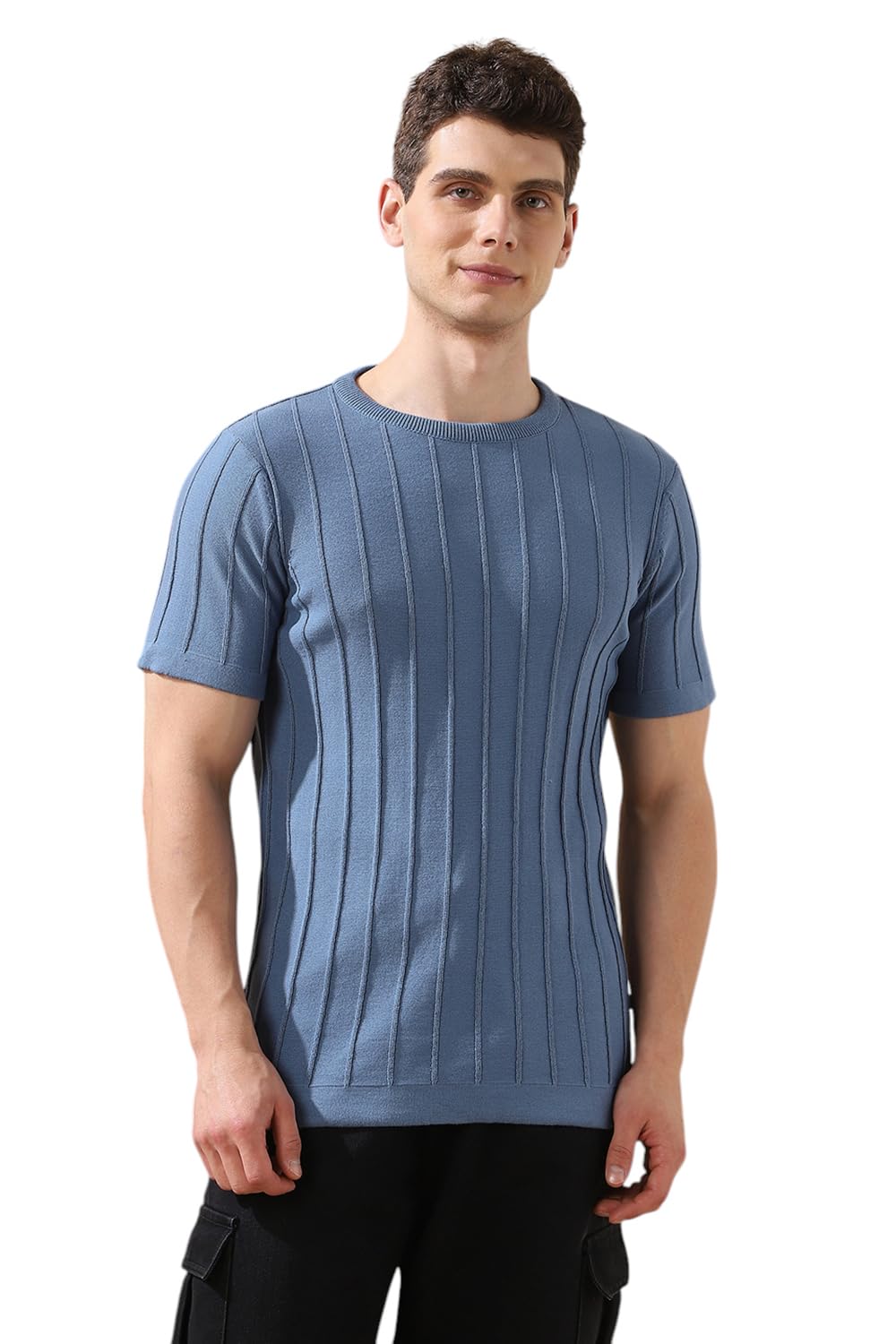 Dennis Lingo Men Steller Textured Round Neck Half Sleeves Regular Fit T-Shirts Blue