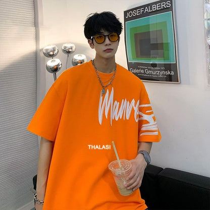 Thalasi Orange Round Neck Back Print Oversized T Shirts For Men - Drop Shoulder Baggy Fit T-Shirt For Men - Stylish Anime Korean