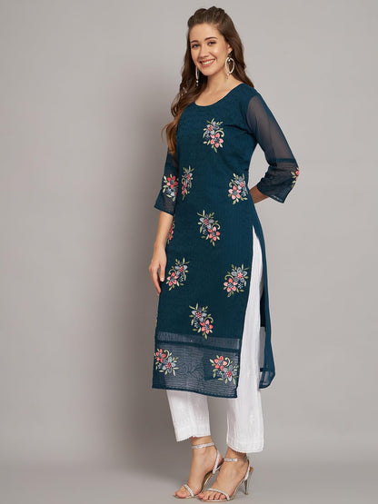 Ekasya WomenS Georgette Straight Cut Round Neck Kurta With Beautiful Floral Embroidery Work - Elegant Design, Comfortable Fit,