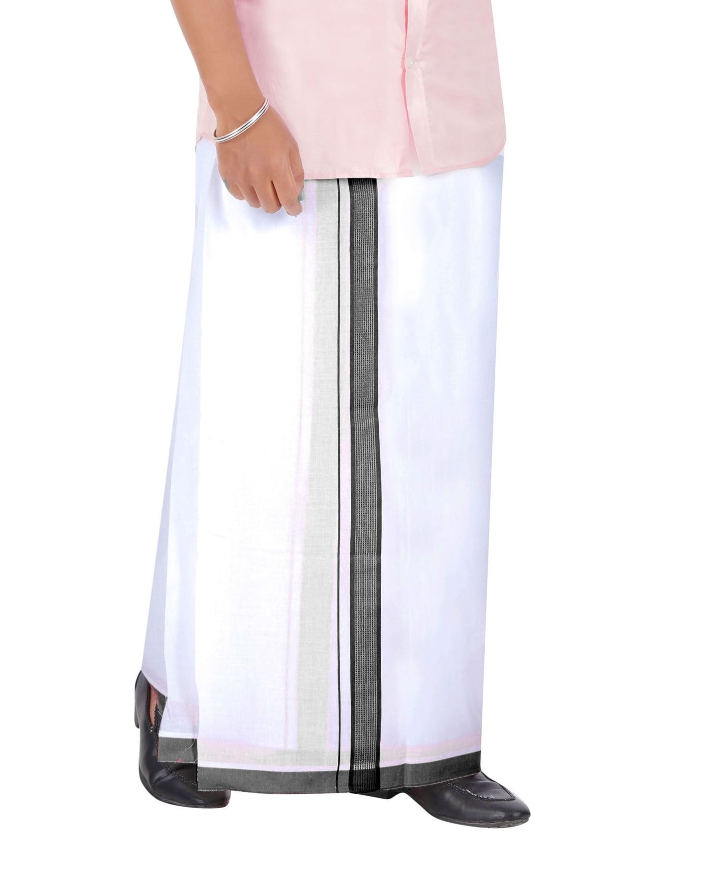Prakasam Cotton MenS Double White Dhoti With Dobby Design Border (1.30 X 3.60 Meter)