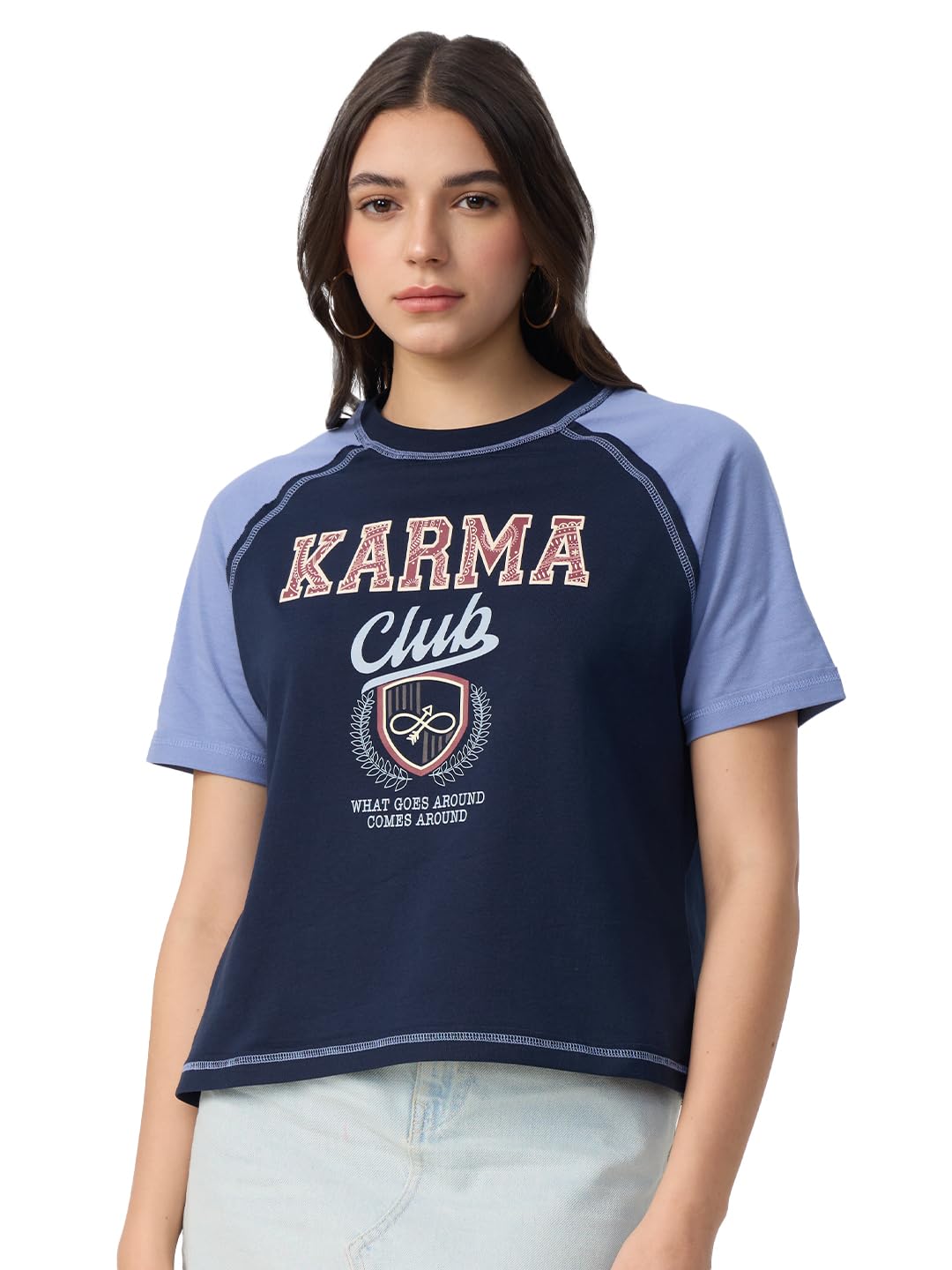 The Souled Store Karma Club Women and Girls Short Sleeves Round Neck Blue Graphic Printed Cotton Relaxed Fit T-Shirts