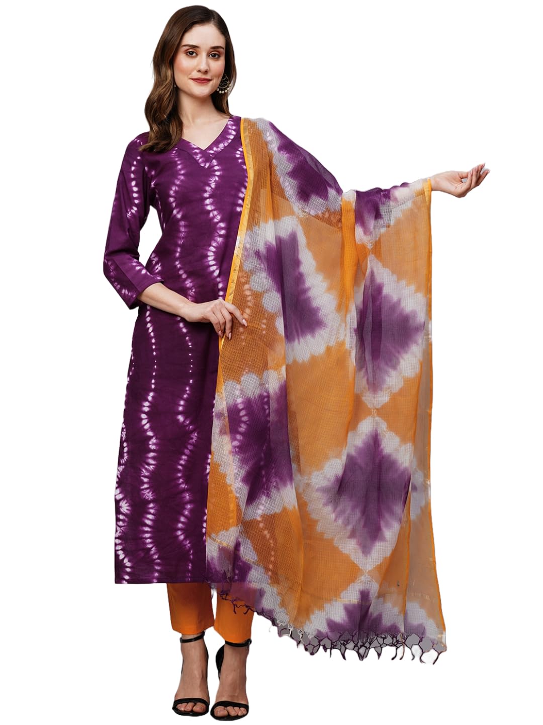 GoSriKi Women's Cotton Blend Straight Printed Kurta with Pant & Dupatta (Mukhi Pink-GS)