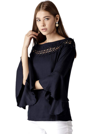 Style Quotient Women Solid Navy Viscose Rayon Smart Casual top