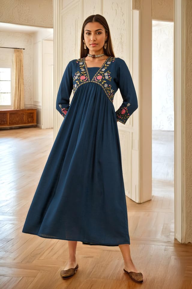 Soch Womens Blue Rayon Slub Floral Embroidered Empire Ethnic Dress