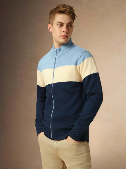 Dennis Lingo Men Grey Colorblock Slim Fit Full Sleeve Mock Collar Pullover Sweater