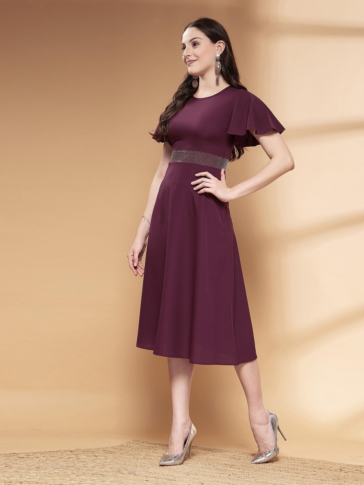 Selvia WomenS Western Dress | Stone Work Flutter Sleeve Crepe Western Dress For Women | Round Neck A-Line Dress For Women | One