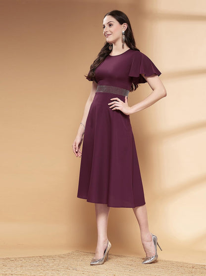 Selvia WomenS Western Dress | Stone Work Flutter Sleeve Crepe Western Dress For Women | Round Neck A-Line Dress For Women | One