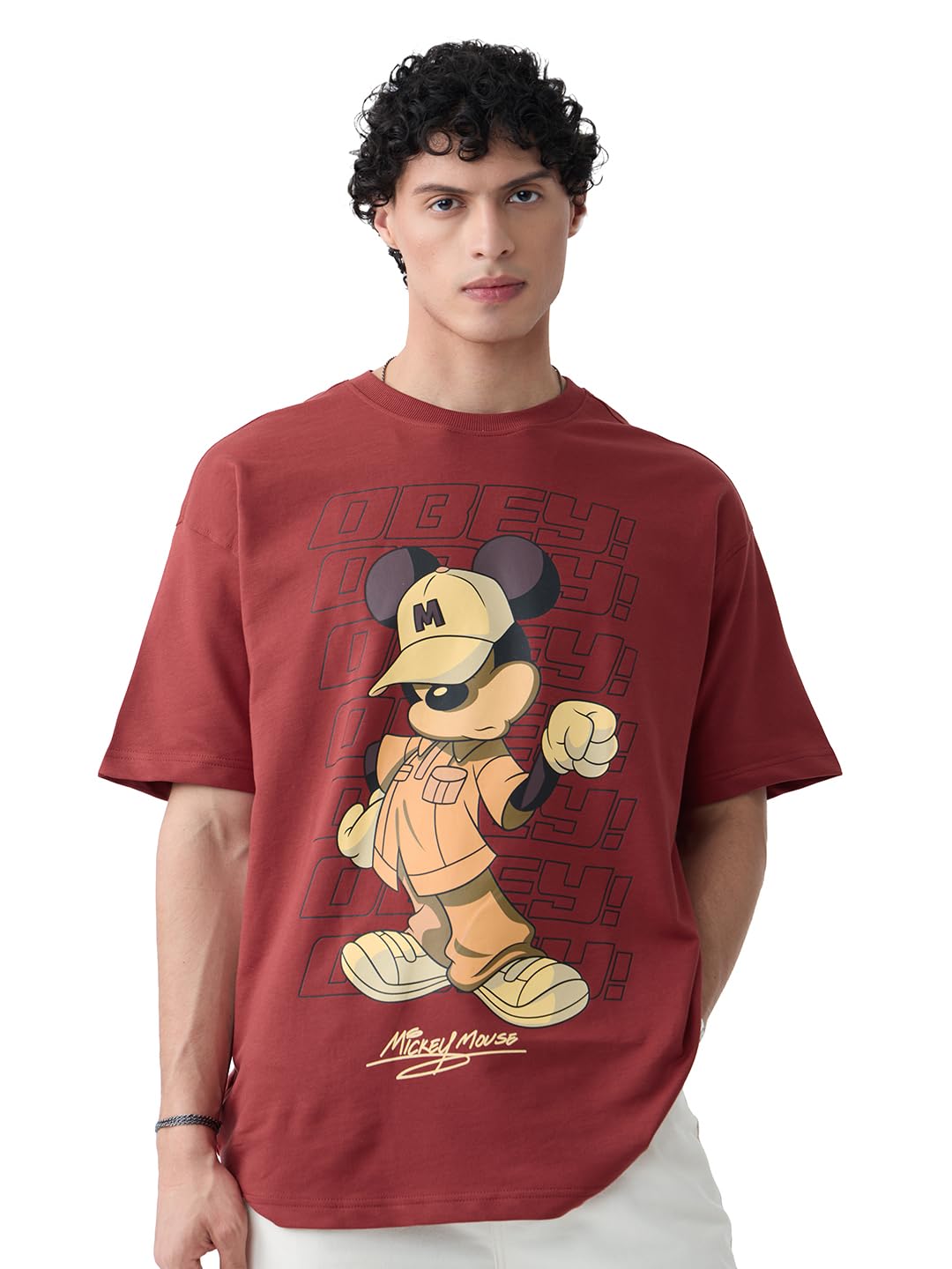 The Souled Store Disney: Mickey Mouse Obey Men and Boys Short Sleeves Round Neck Burgundy Graphic Printed Cotton Oversized T-Shi