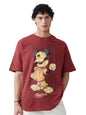 The Souled Store Disney: Mickey Mouse Obey Men and Boys Short Sleeves Round Neck Burgundy Graphic Printed Cotton Oversized T-Shi