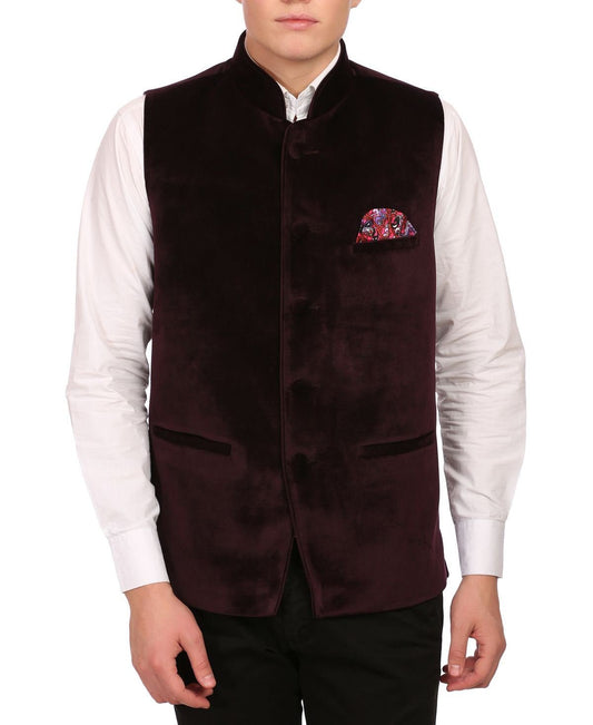 WINTAGE Mens Velvet Grandad Collar Festive Wine Nehru Jacket Vest Waistcoat
