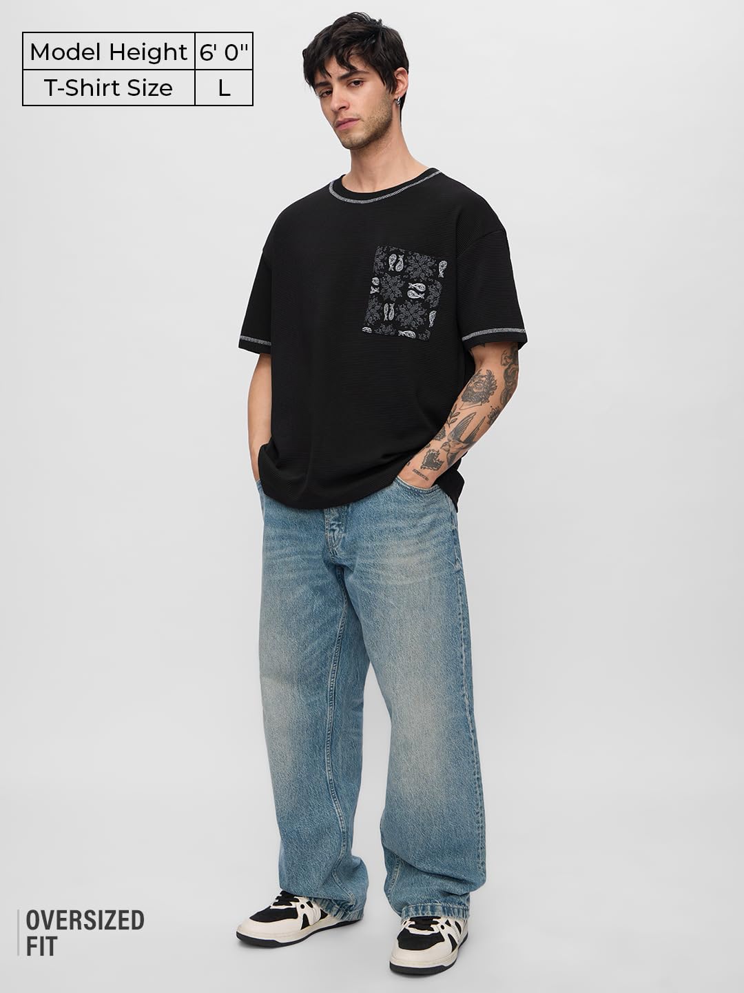 The Souled Store Ottoman T-shirt: Monochrome Men and Boys Short Sleeves Round Neck Black Embellished Cotton Oversized T-Shirts