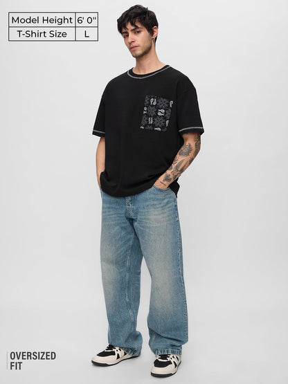 The Souled Store Ottoman T-shirt: Monochrome Men and Boys Short Sleeves Round Neck Black Embellished Cotton Oversized T-Shirts