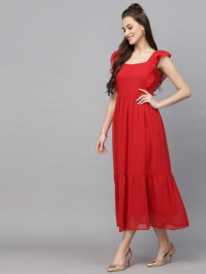 Avanova Georgette Jacquard Butti Red Square Neck Knee Length Western Dresses For Women