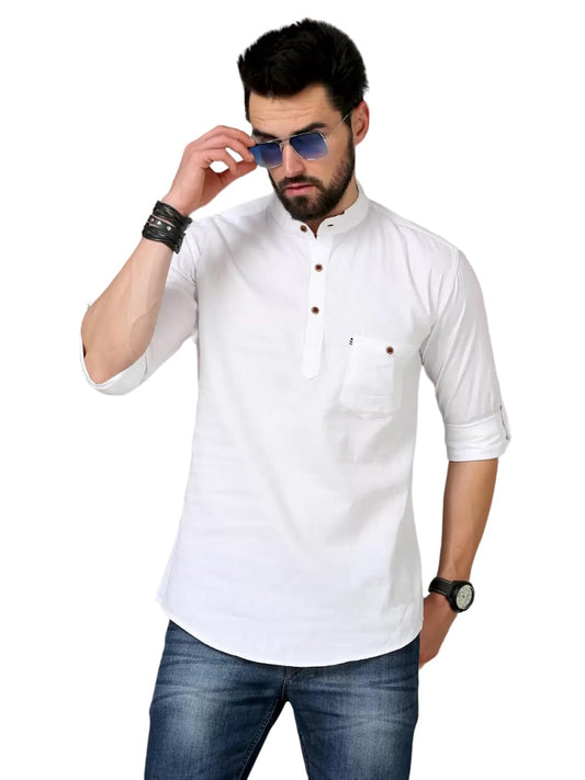 Deemoon MenS Cotton Blend Full Sleeve Short Kurta With Mandarin Collar Crafted From A Premium Cotton Blend White