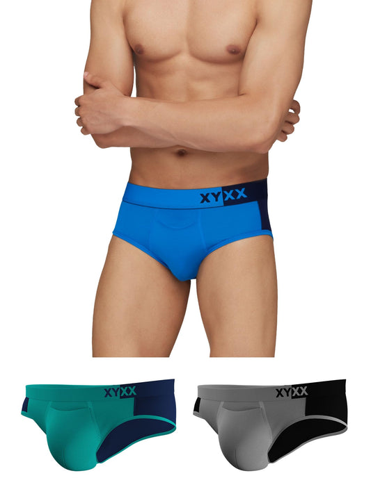 XYXX Mens Underwear Dualist IntelliSoft Antimicrobial Micro Modal Brief Pack of 3 (Navigate & Black Iris;Brilliant Blue & Black