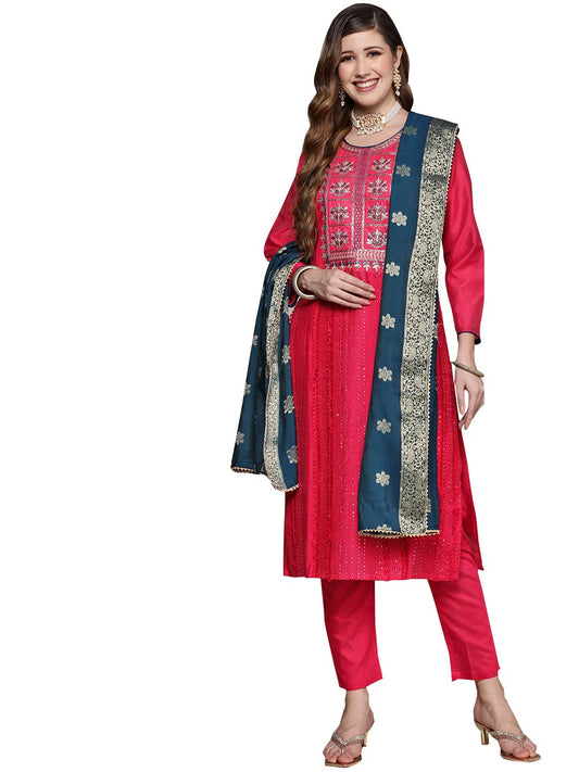 ishin Women's Pink Embroidered A-Line Kurta set With Trouser and Dupatta