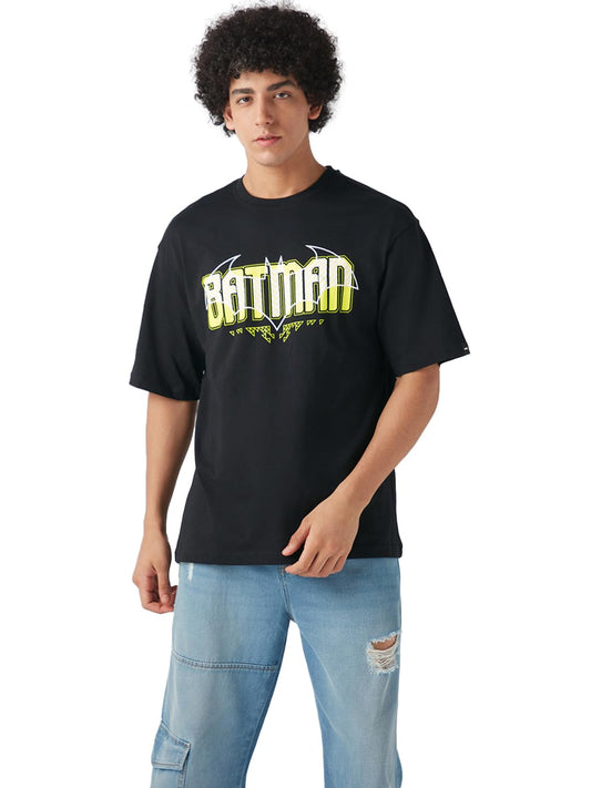 Bewakoof Official DC Merchandise Batman Mens Typography Oversized Fit Half Sleeve Round Neck Pure Cotton T-Shirt_645972_Black_2