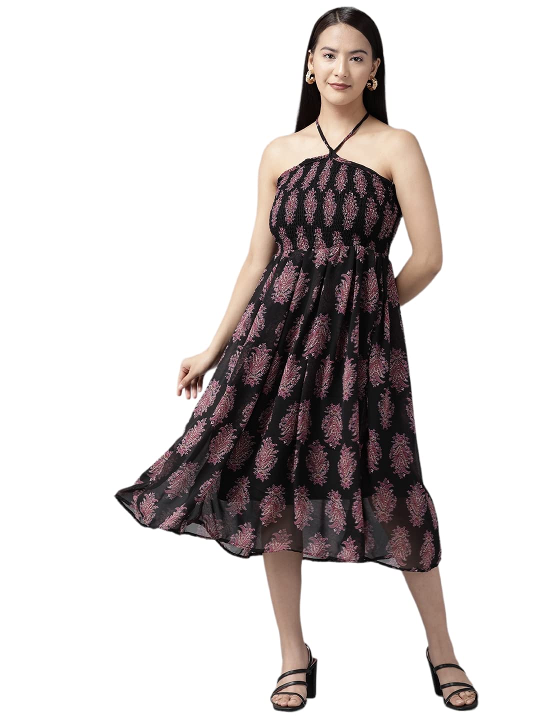 Aarika WomenS Georgette Skater Calf Length Dress (Dr-Aw-009_Black
