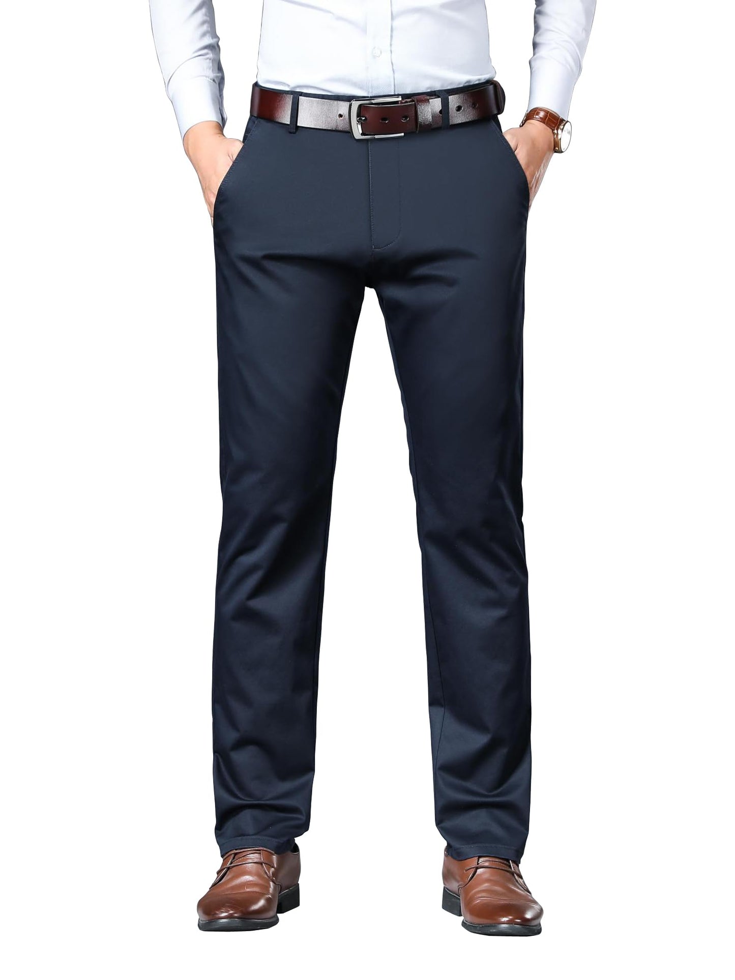 AVANOVA Mens Solid Navy Blue Mid Rise Trousers Light Business Style Slightly Stretch Straight Leg Pants for Outdoor Casual Dail