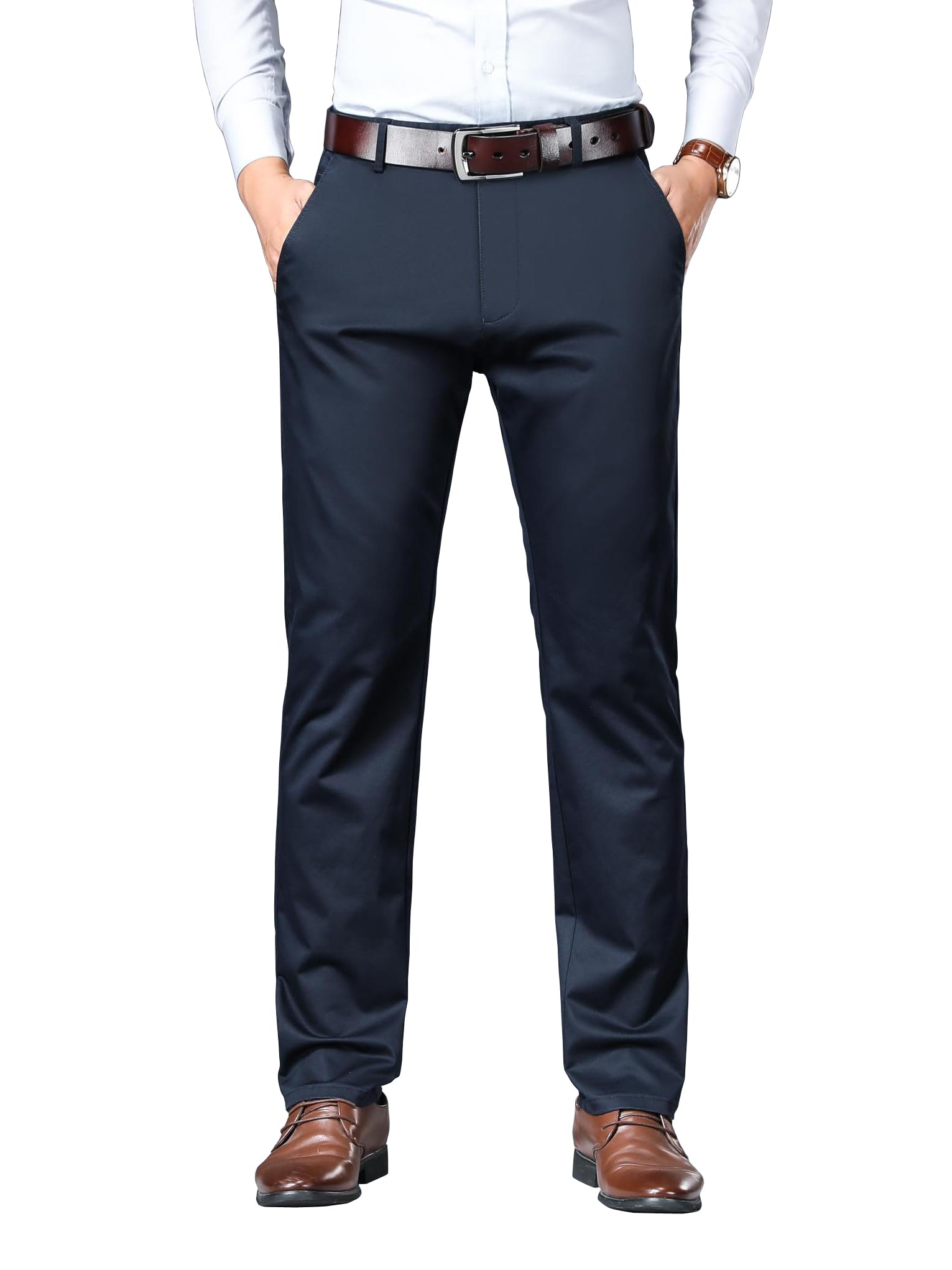 AVANOVA Mens Solid Navy Blue Mid Rise Trousers Light Business Style Slightly Stretch Straight Leg Pants for Outdoor Casual Dail