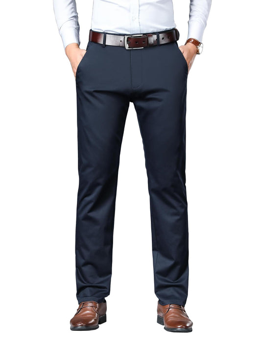 AVANOVA Mens Solid Navy Blue Mid Rise Trousers Light Business Style Slightly Stretch Straight Leg Pants for Outdoor Casual Dail