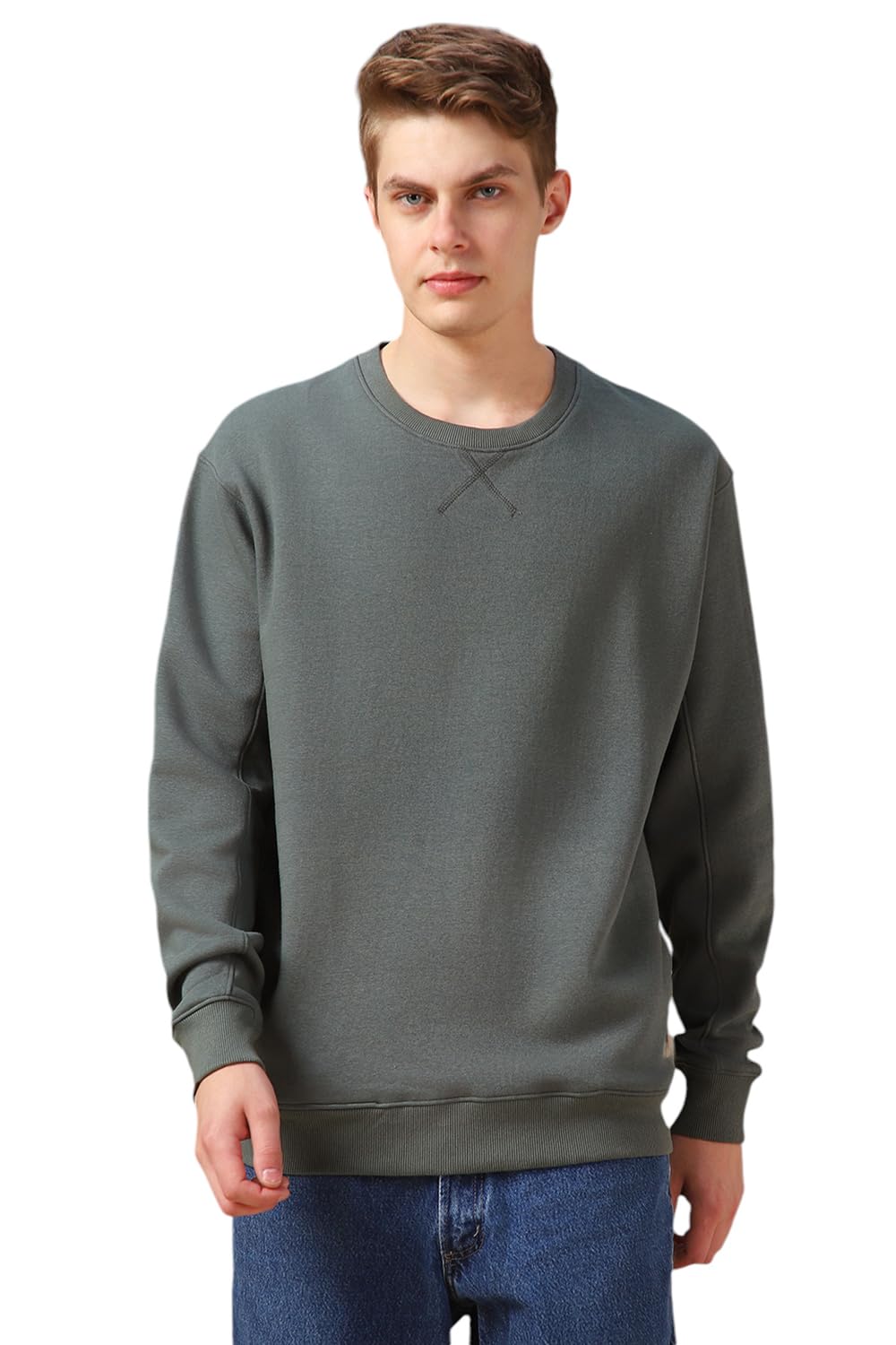 Dennis Lingo Men Green Solid Cotton Relaxed Fit Full Sleeve Sweatshirt