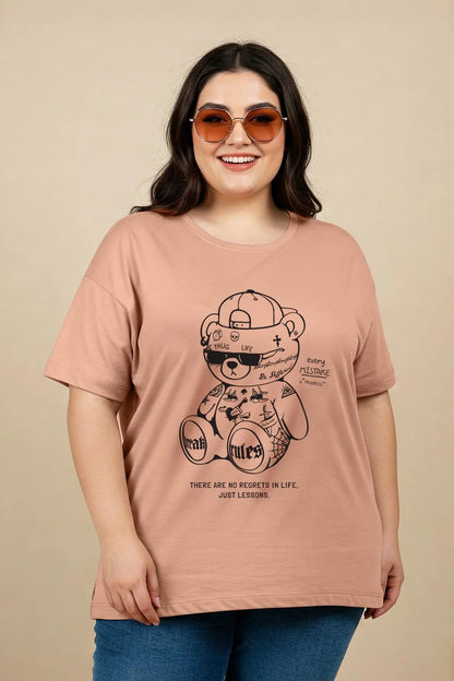 Juneberry 100% Pure Cotton Oversized Baggy Fit Cool Front Chest Graphic Printed Half Sleeve Plus Size T-Shirt For Women & Girls