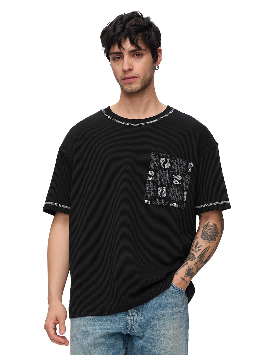 The Souled Store Ottoman T-shirt: Monochrome Men and Boys Short Sleeves Round Neck Black Embellished Cotton Oversized T-Shirts
