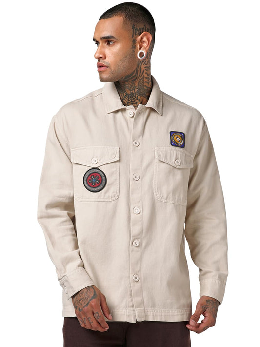 Bewakoof MenS Printed Oversized Fit Full Sleeve Collar Cotton Twill Shirt_685489_Off White_M