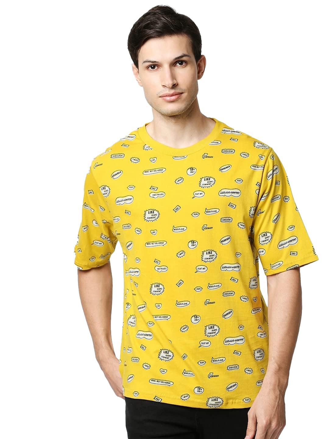 Bewakoof Mens All Over Printed 100% Cotton T-Shirt - Oversized Fit, Round Neck, Half Sleeves Yellow