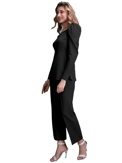 Elliti Solid Relaxed Fit Full Sleeve Co-Ord Set For Women'S | Coord Sets | Top And Formal Trouser Co Ord Set For Women (Set Of 2