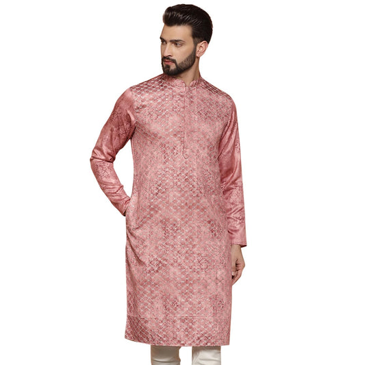 Kisah Men Pink Kurta, Cotton, Full Sleaves, Knee Length, Straight, Regular Fit, Mandarin Collar Ethnic Wear