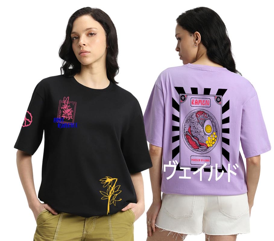 Veirdo Womens 100% Cotton Oversized Baggy Fit Drop Shoulder Graphic Typographic Printed T-Shirt Combo