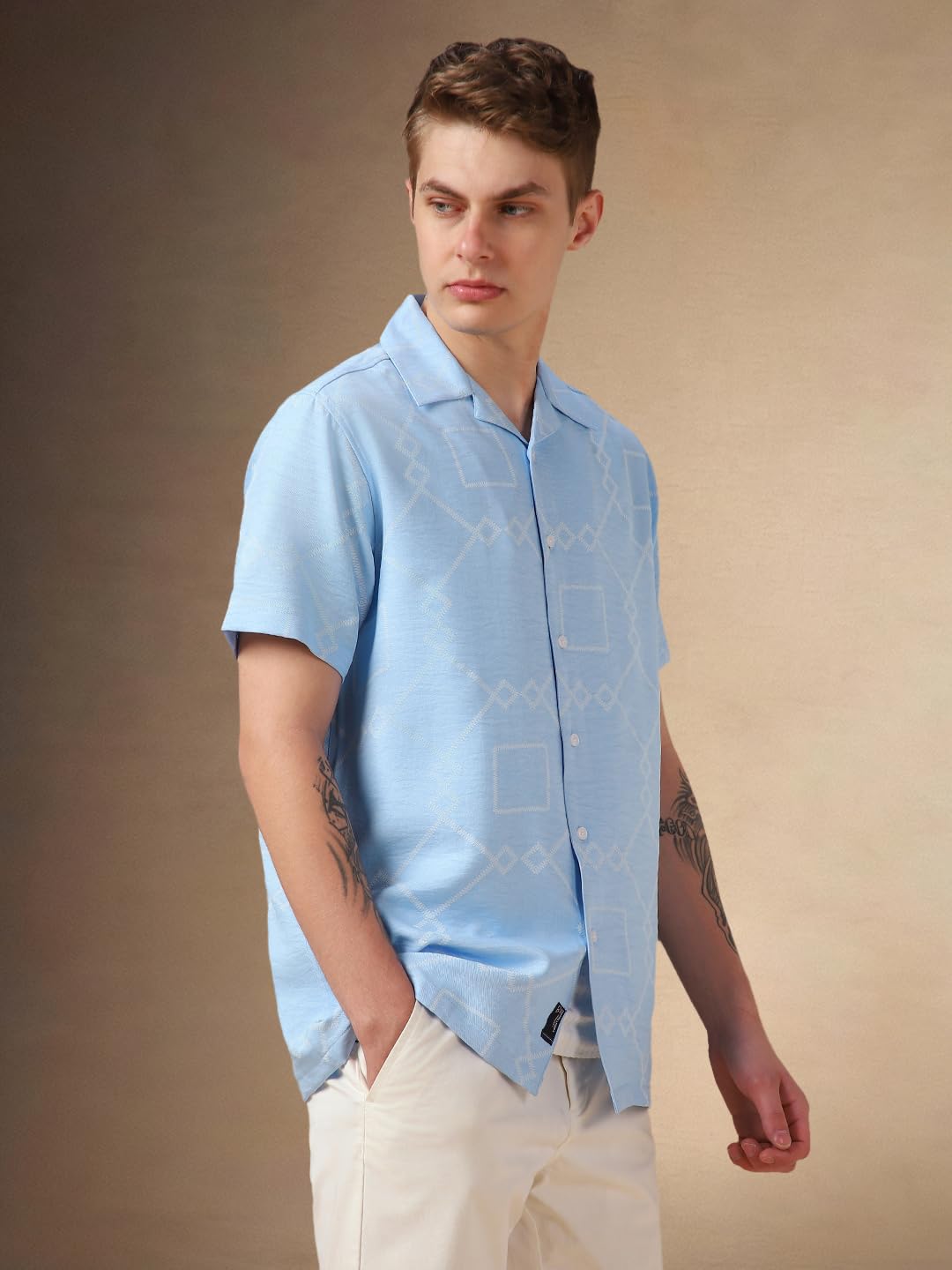 Dennis Lingo Men Light Blue Printed Polyester Relaxed Fit Cuban Collar Half Sleeves Casual Shirt