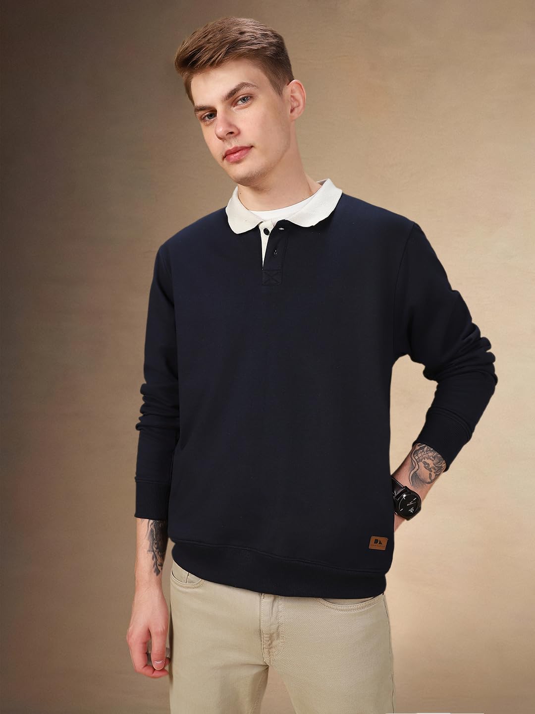 Dennis Lingo Men Solid Polycotton Regular-Fit Full Sleeves Pullover Sweatshirts Navy Blue