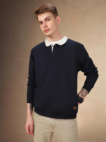 Dennis Lingo Men Solid Polycotton Regular-Fit Full Sleeves Pullover Sweatshirts Navy Blue