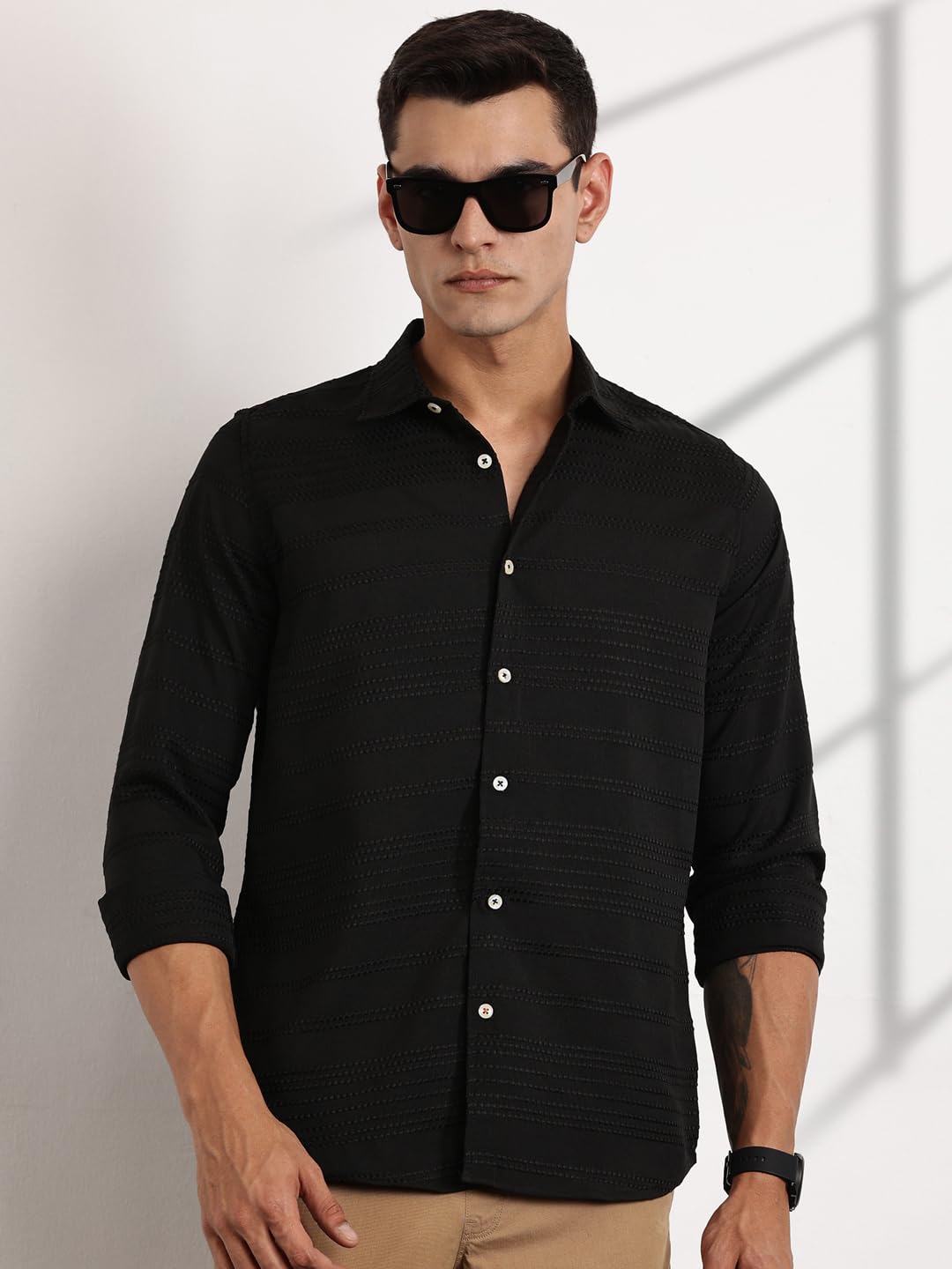 Thomas Scott Long Sleeve Embroderied Casual Shirt for Men Black