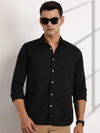 Thomas Scott Long Sleeve Embroderied Casual Shirt for Men Black