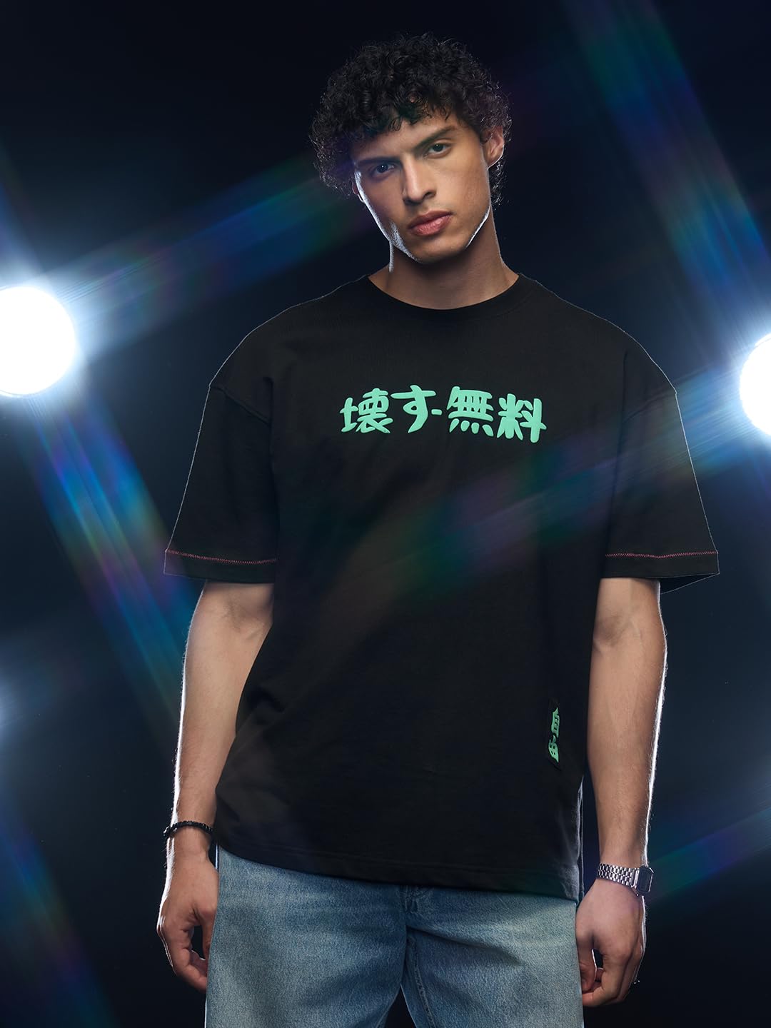 The Souled Store Break Free Turtle Men and Boys Short Sleeves Round Neck Black Puff Printed Cotton Oversized T-Shirts