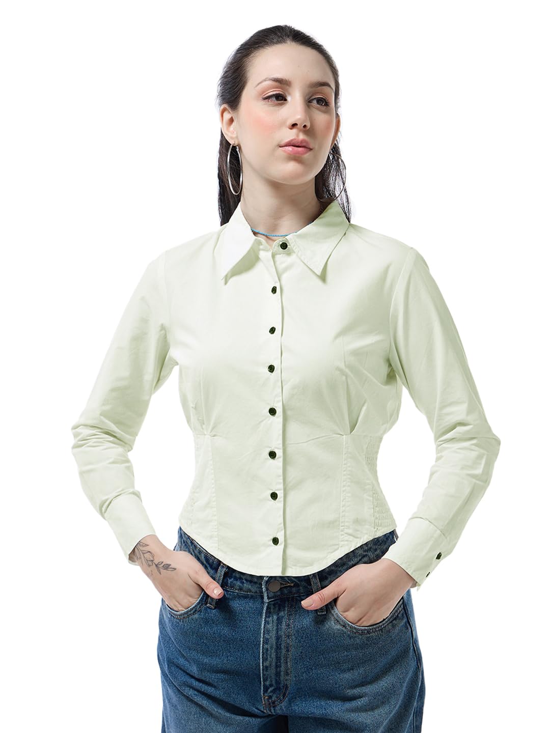 Bewakoof Womens Solid Regular Fit Full Sleeve Collared Neck Pure Cotton Corset Shirt_633553_White_L
