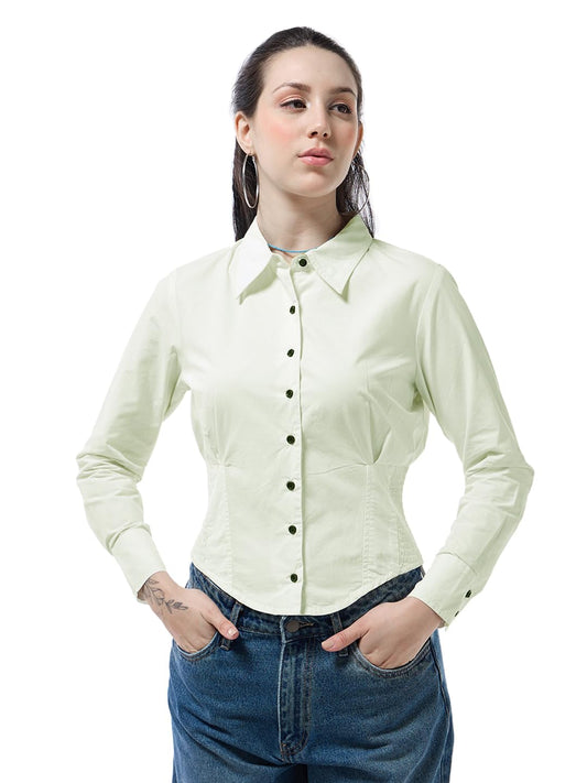 Bewakoof Womens Solid Regular Fit Full Sleeve Collared Neck Pure Cotton Corset Shirt_633553_White_L